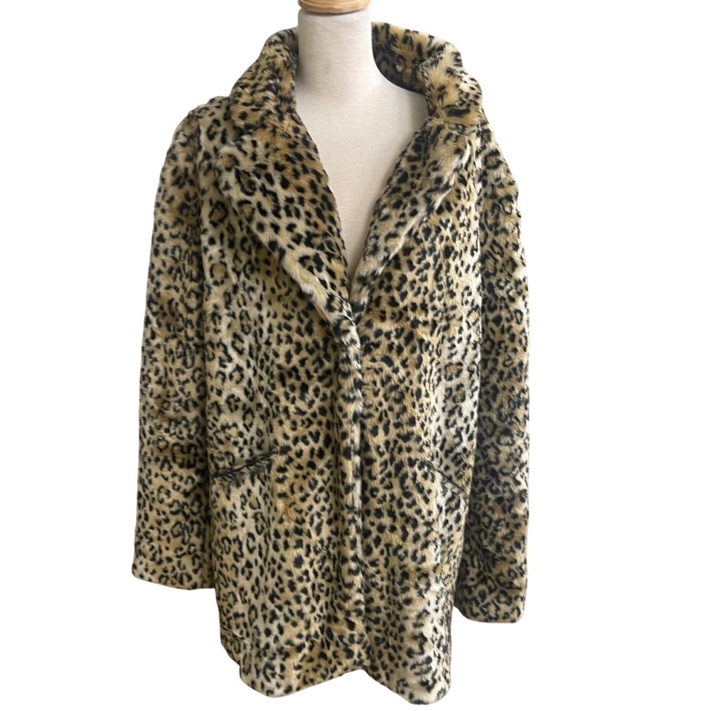 Sanctuary Womens Leopard Print Faux Fur Coat Open Front Jacket Tan Black Large